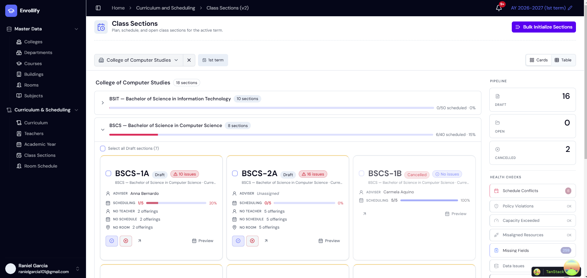 Class Section Scheduling — subject offerings with teacher and room assignments, automatic conflict detection highlighted
